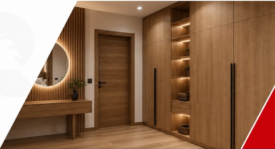 Interior de madera a medida con armarios y puerta
